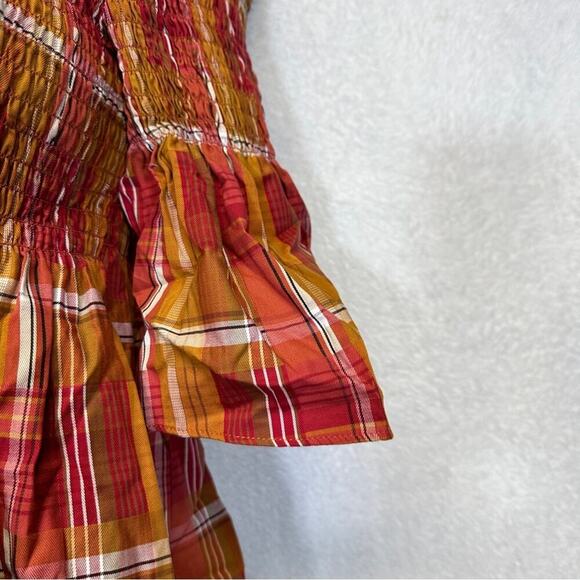 Zara Orange & Red Plaid Off the Shoulder Smoked Dress Size XS - Picture 6 of 11